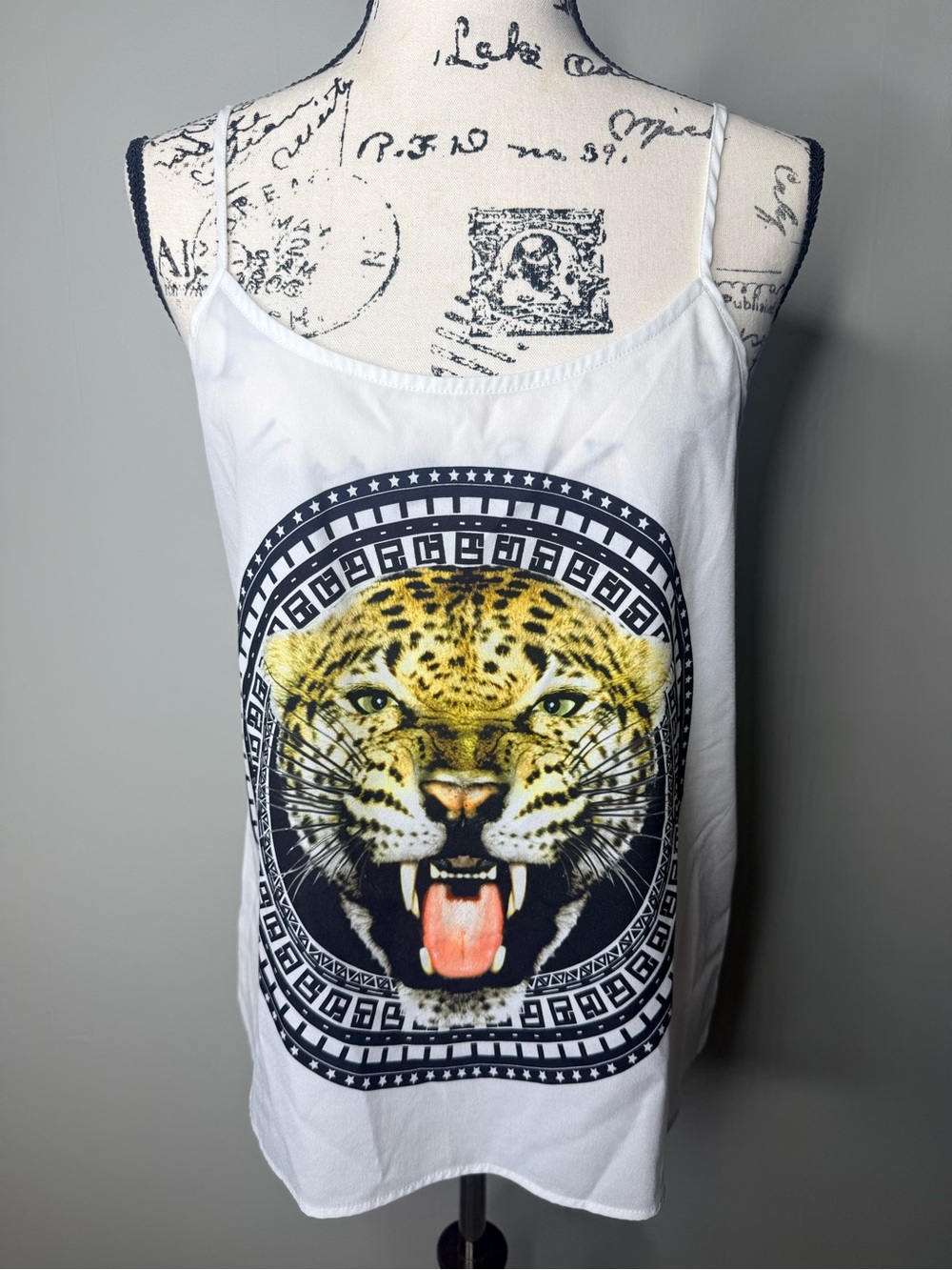 Divided White Tank Top with Yellow Leopard Graphic